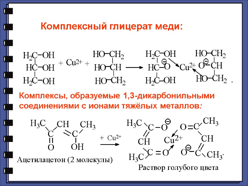 Комплексный глицерат меди:  Комплексы, образуемые 1,3-дикарбонильными соединениями с ионами тяжёлых металлов: